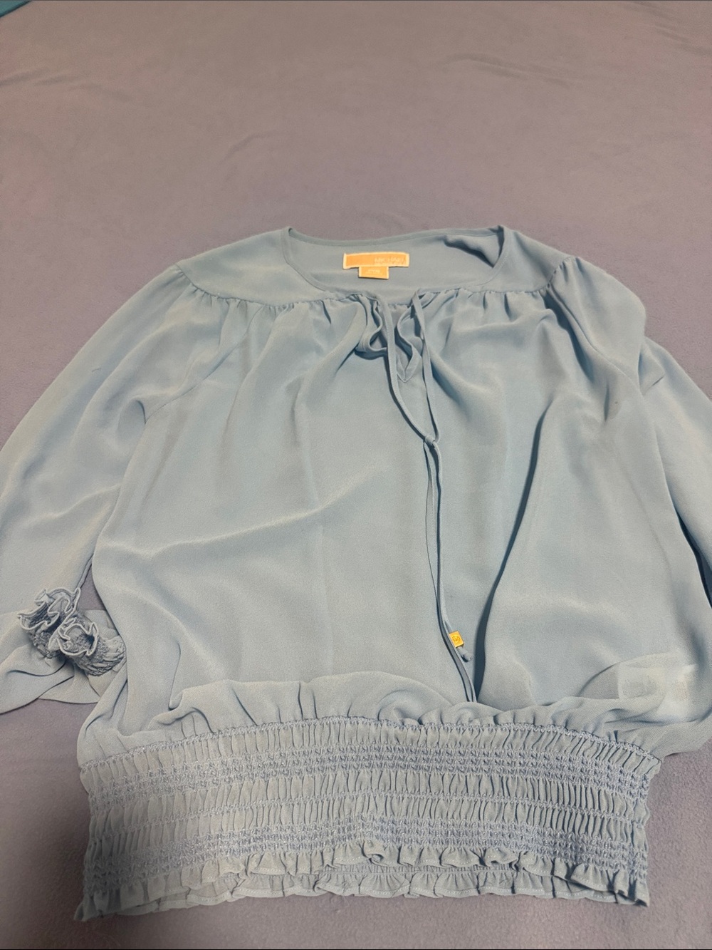7 pc women settMICHAEL Michael Kors Light Blue Tie-Neck Blouse with Smocked Wais